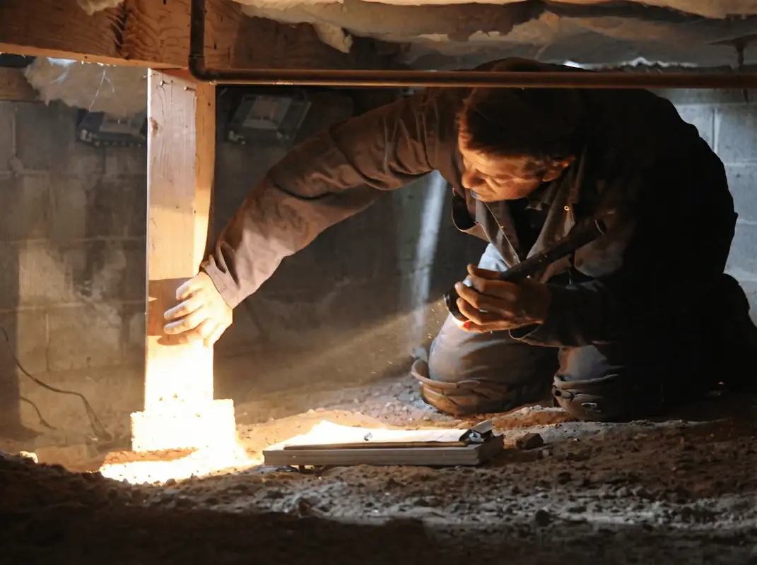 A professional inspecting wooden beams under the floor of a structure in Henderson, NV